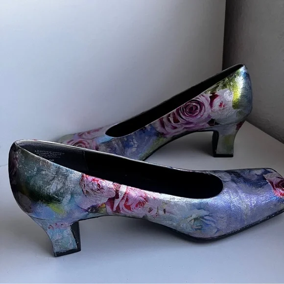 Unique custom foil pastel floral leather block heels size 8.5